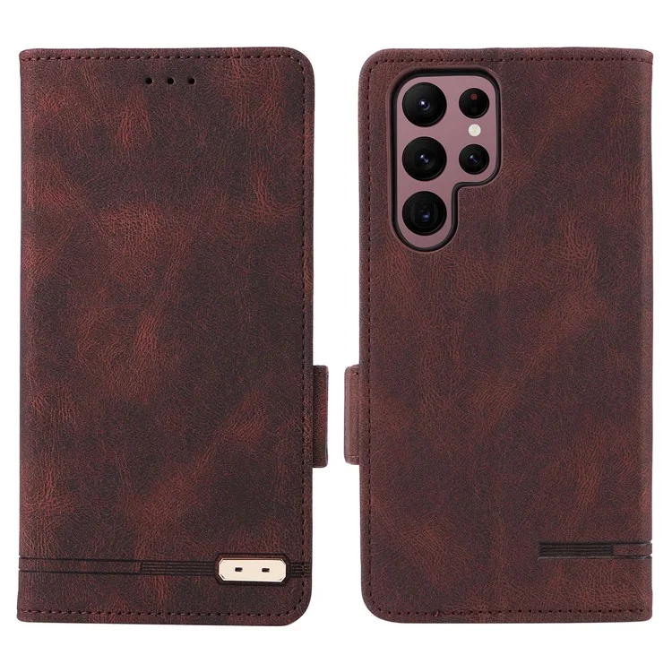 Per Samsung Galaxy S22 Ultra 5G Hardware Decor-hard-proof Telefono Case PU Peth+tpu Anti-wear Wallet Short Shell - Caffè