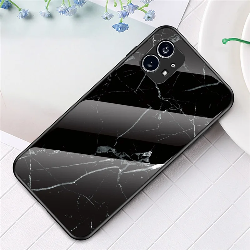 For Nothing phone (1) 5G Wear-resistant Phone Protector Marble Pattern Tempered Glass + PC + TPU Hybrid Back Cover - Black Marble