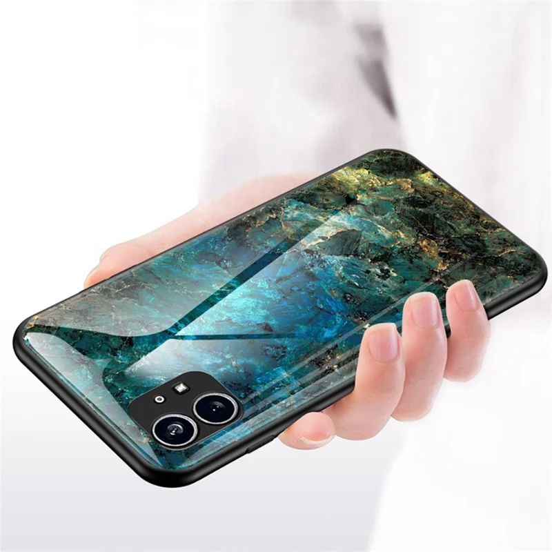 For Nothing phone (1) 5G Wear-resistant Phone Protector Marble Pattern Tempered Glass + PC + TPU Hybrid Back Cover - Black Marble