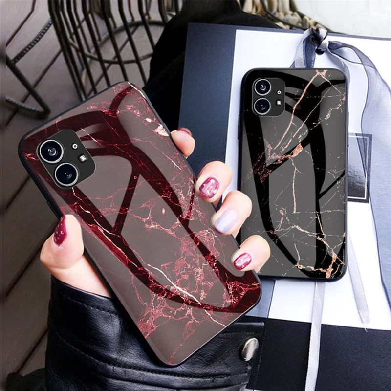 For Nothing phone (1) 5G Wear-resistant Phone Protector Marble Pattern Tempered Glass + PC + TPU Hybrid Back Cover - Black Marble