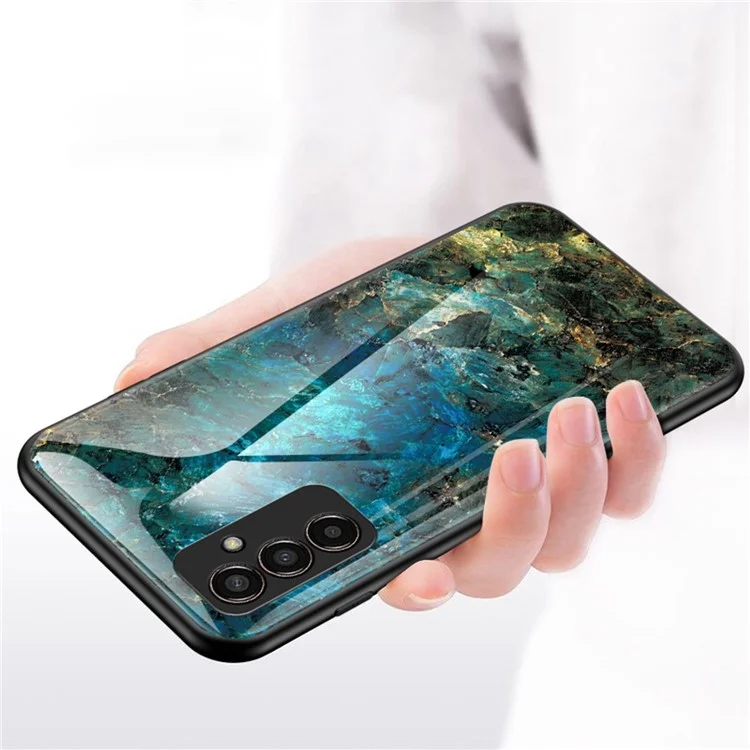 For Samsung Galaxy M13 4G Marble Pattern Phone Shell Tempered Glass + PC + TPU Hybrid Protective Cover - Emerald Marble