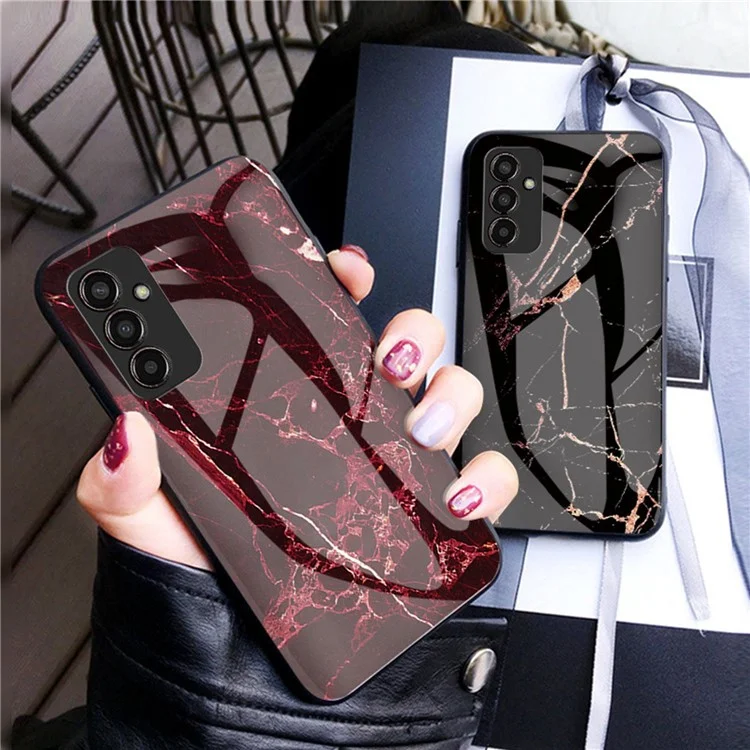 For Samsung Galaxy M13 4G Marble Pattern Phone Shell Tempered Glass + PC + TPU Hybrid Protective Cover - Emerald Marble