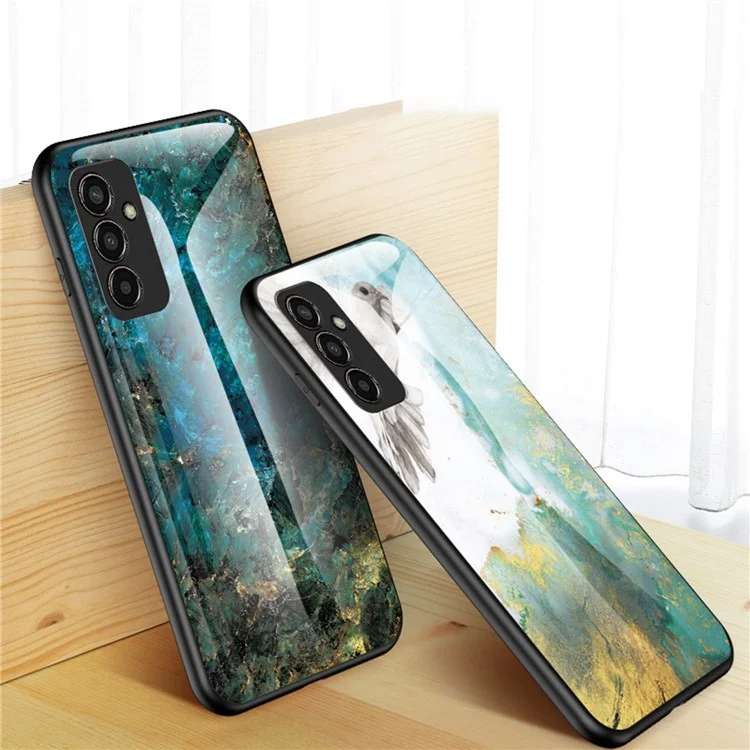 For Samsung Galaxy M13 4G Marble Pattern Phone Shell Tempered Glass + PC + TPU Hybrid Protective Cover - Emerald Marble