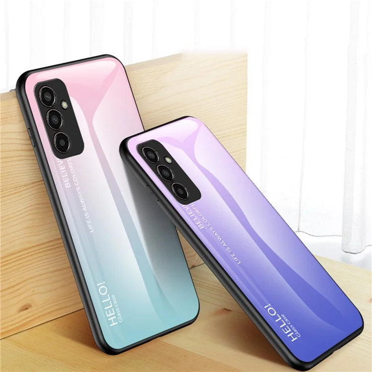Funda de teléfono para Samsung Galaxy M13 4G, carcasa de color degradado antiimpactos de cristal templado + PC + TPU - Morado / Azul