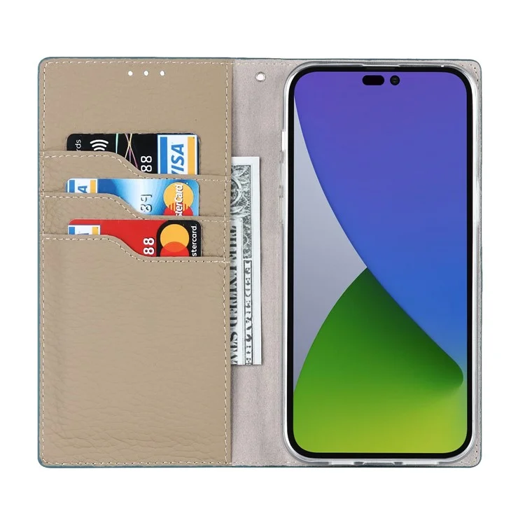 Per Iphone 14 Pro Max 6,7 Pollici Custodia in Pelle Genuina Litchi Porthert Stand Follio Flip Cover Con Cinturino Per le Mani - Bambina Blu