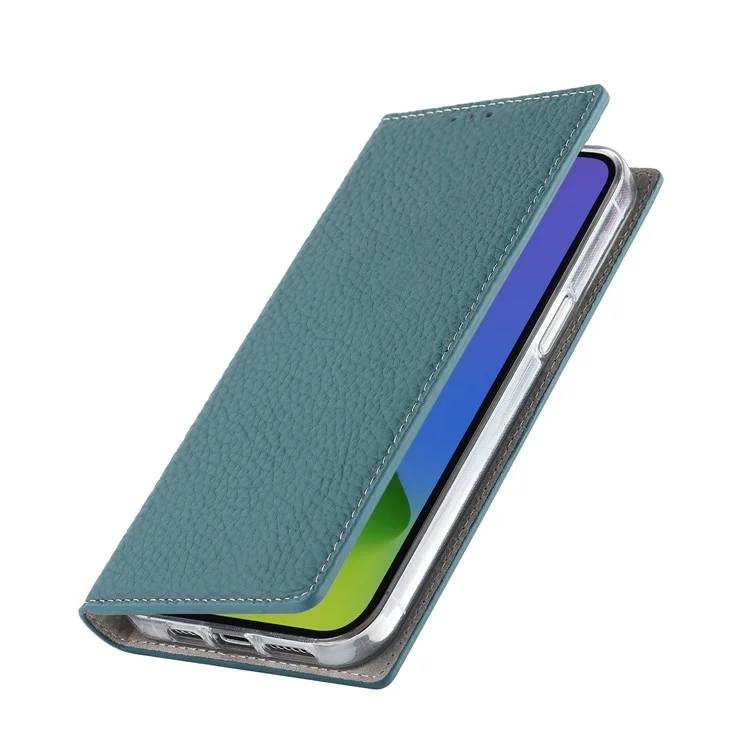 Per Iphone 14 Pro Max 6,7 Pollici Custodia in Pelle Genuina Litchi Porthert Stand Follio Flip Cover Con Cinturino Per le Mani - Bambina Blu