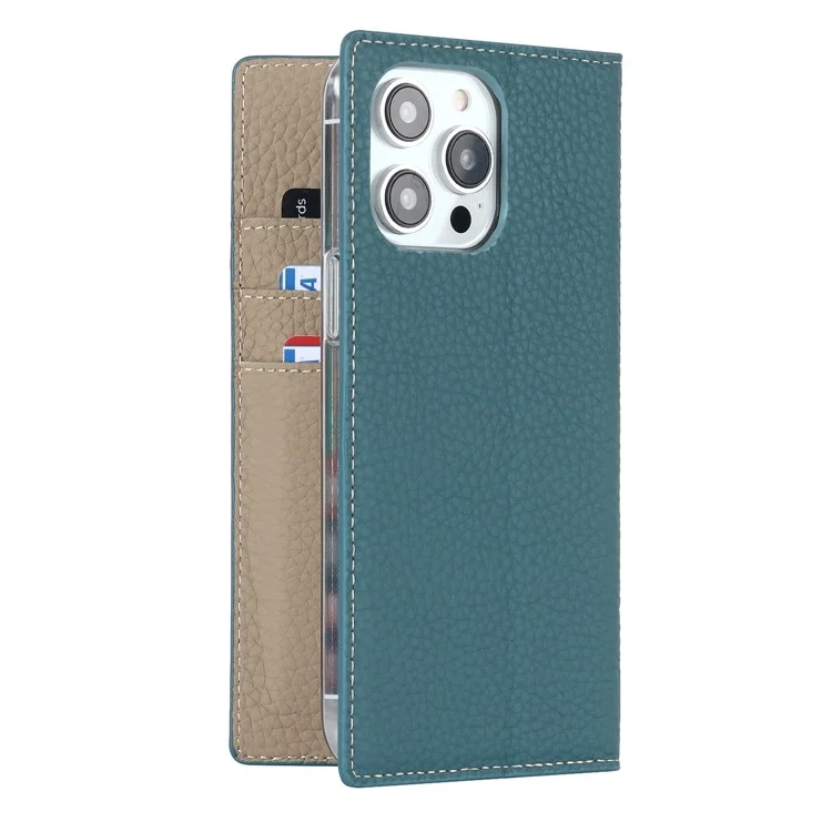 Per Iphone 14 Pro Max 6,7 Pollici Custodia in Pelle Genuina Litchi Porthert Stand Follio Flip Cover Con Cinturino Per le Mani - Bambina Blu
