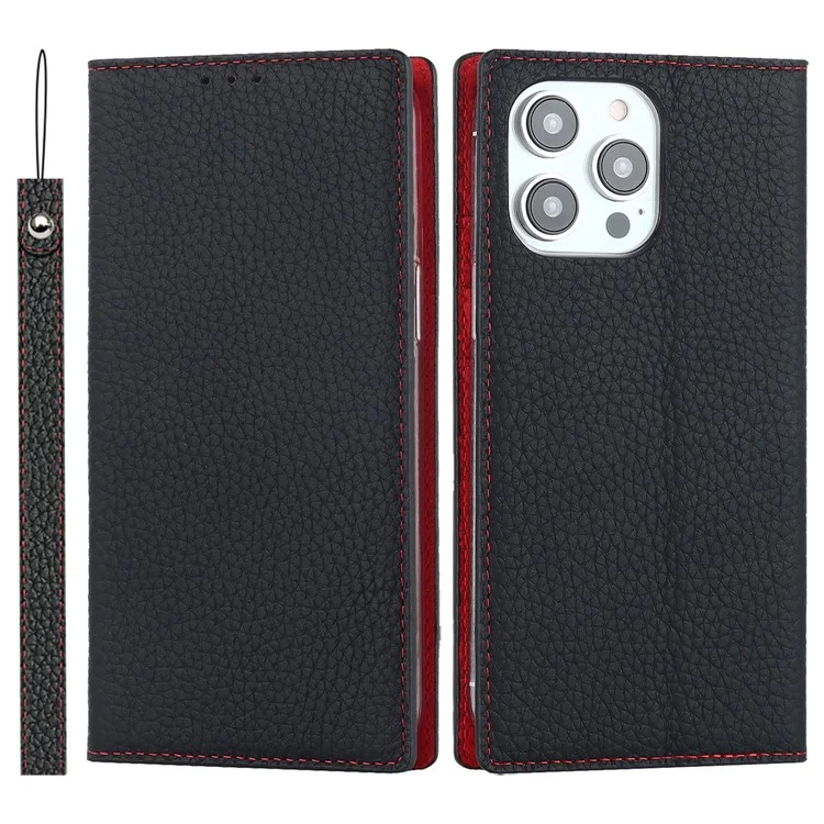 For iPhone 14 Pro 6.1 inch Genuine Leather TPU Phone Cover Litchi Texture Wallet Foldable Stand Protective Case with Hand Strap - Black