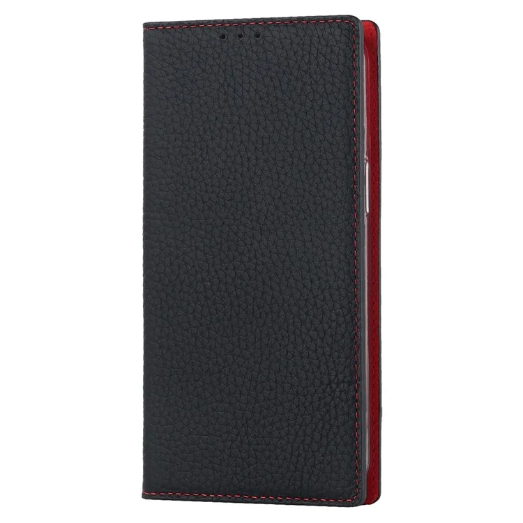 For iPhone 14 Pro 6.1 inch Genuine Leather TPU Phone Cover Litchi Texture Wallet Foldable Stand Protective Case with Hand Strap - Black