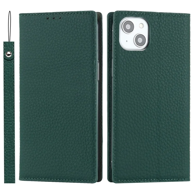 Genuine Leather Case for iPhone 14 6.1 inch, Litchi Texture Drop-proof Phone Wallet Stand Cover with Hand Strap - Green