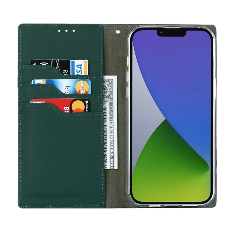 Genuine Leather Case for iPhone 14 6.1 inch, Litchi Texture Drop-proof Phone Wallet Stand Cover with Hand Strap - Green