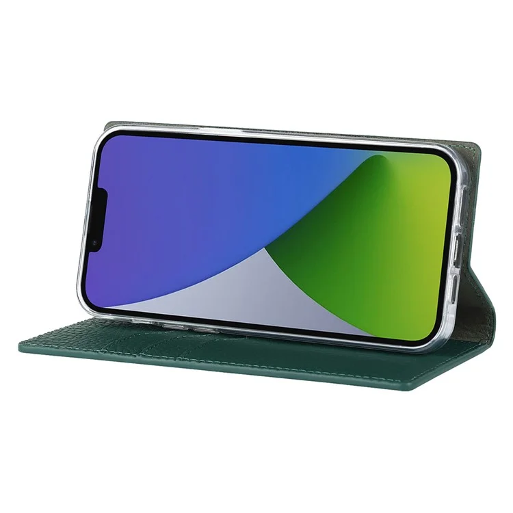Genuine Leather Case for iPhone 14 6.1 inch, Litchi Texture Drop-proof Phone Wallet Stand Cover with Hand Strap - Green