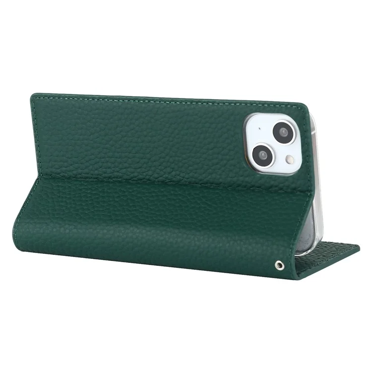 Genuine Leather Case for iPhone 14 6.1 inch, Litchi Texture Drop-proof Phone Wallet Stand Cover with Hand Strap - Green