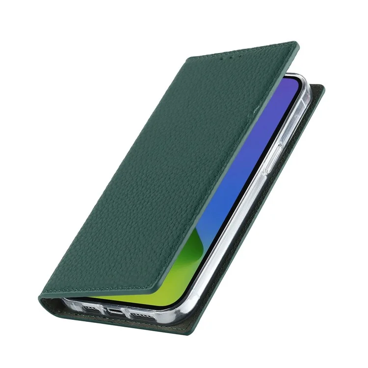 Genuine Leather Case for iPhone 14 6.1 inch, Litchi Texture Drop-proof Phone Wallet Stand Cover with Hand Strap - Green