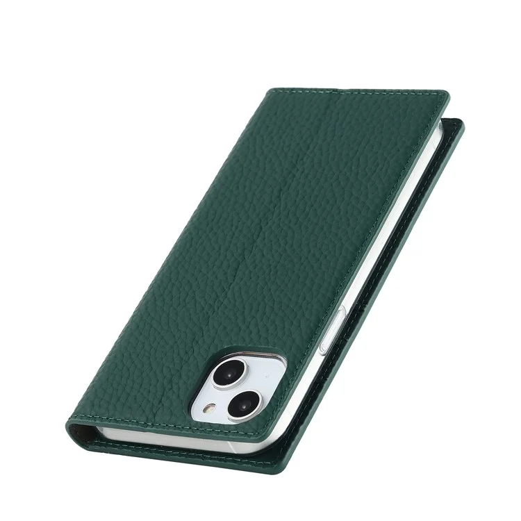Genuine Leather Case for iPhone 14 6.1 inch, Litchi Texture Drop-proof Phone Wallet Stand Cover with Hand Strap - Green
