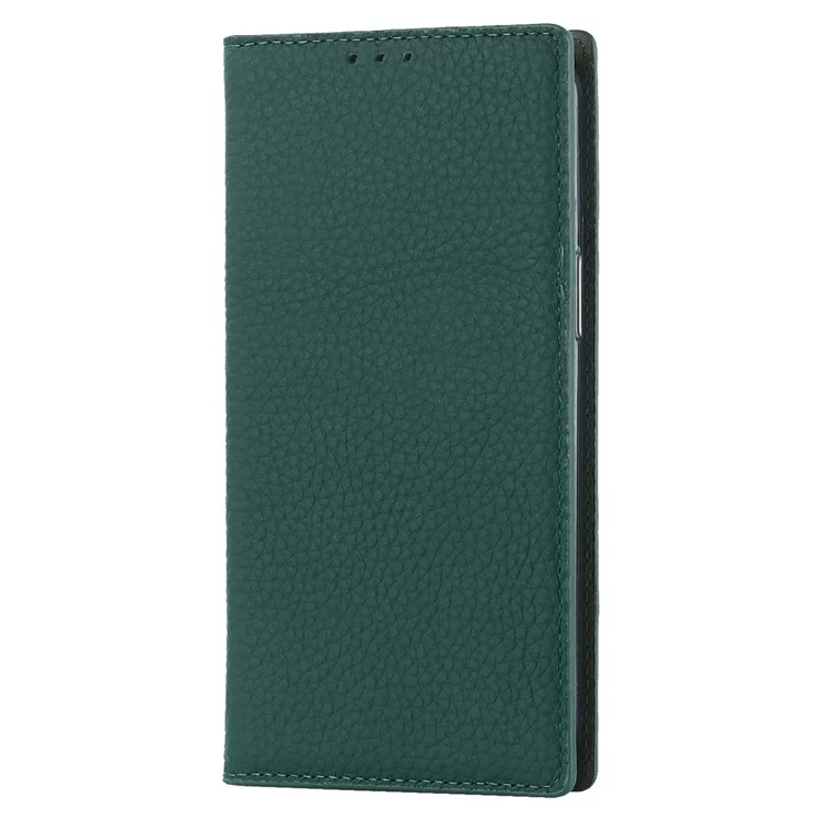 Genuine Leather Case for iPhone 14 6.1 inch, Litchi Texture Drop-proof Phone Wallet Stand Cover with Hand Strap - Green