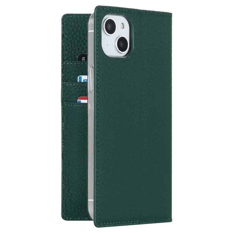 Genuine Leather Case for iPhone 14 6.1 inch, Litchi Texture Drop-proof Phone Wallet Stand Cover with Hand Strap - Green