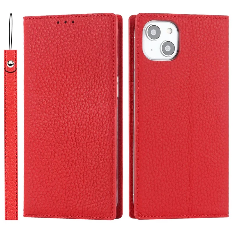 Genuine Leather Case for iPhone 14 6.1 inch, Litchi Texture Drop-proof Phone Wallet Stand Cover with Hand Strap - Red