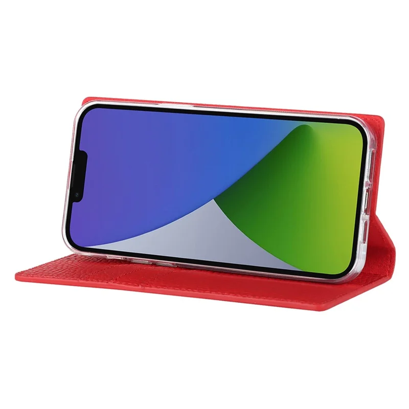 Genuine Leather Case for iPhone 14 6.1 inch, Litchi Texture Drop-proof Phone Wallet Stand Cover with Hand Strap - Red