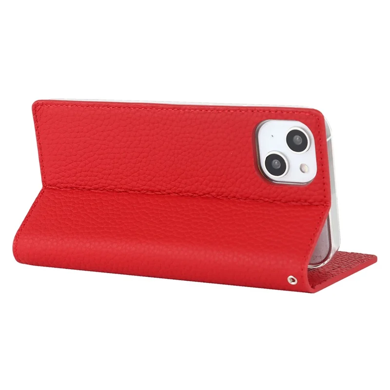 Genuine Leather Case for iPhone 14 6.1 inch, Litchi Texture Drop-proof Phone Wallet Stand Cover with Hand Strap - Red