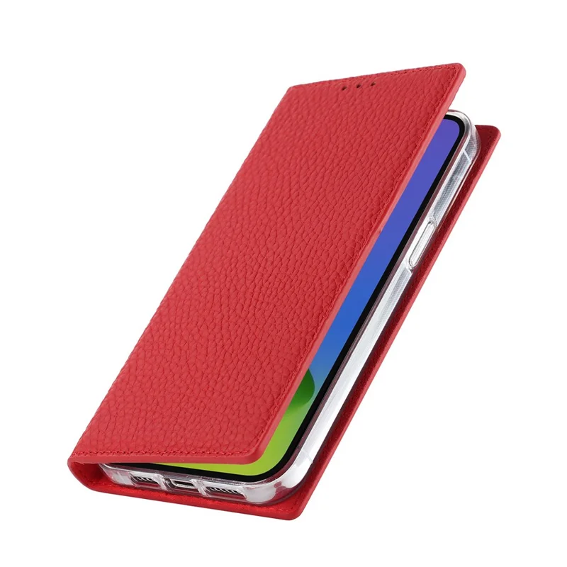 Genuine Leather Case for iPhone 14 6.1 inch, Litchi Texture Drop-proof Phone Wallet Stand Cover with Hand Strap - Red