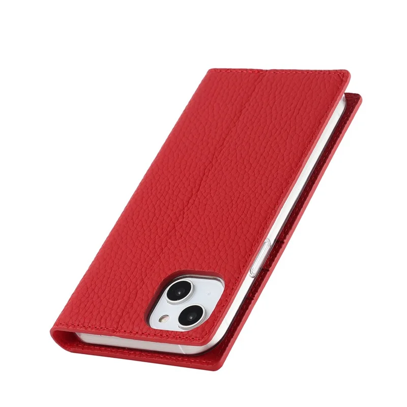 Genuine Leather Case for iPhone 14 6.1 inch, Litchi Texture Drop-proof Phone Wallet Stand Cover with Hand Strap - Red