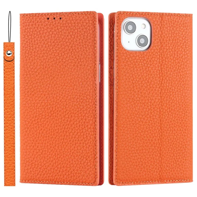 For iPhone 14 Plus Genuine Leather Magnetic Closure Phone Cover Litchi Texture Wallet Stand Case with Hand Strap - Orange