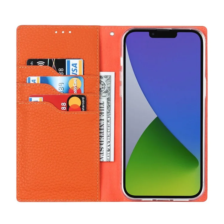 For iPhone 14 Plus Genuine Leather Magnetic Closure Phone Cover Litchi Texture Wallet Stand Case with Hand Strap - Orange