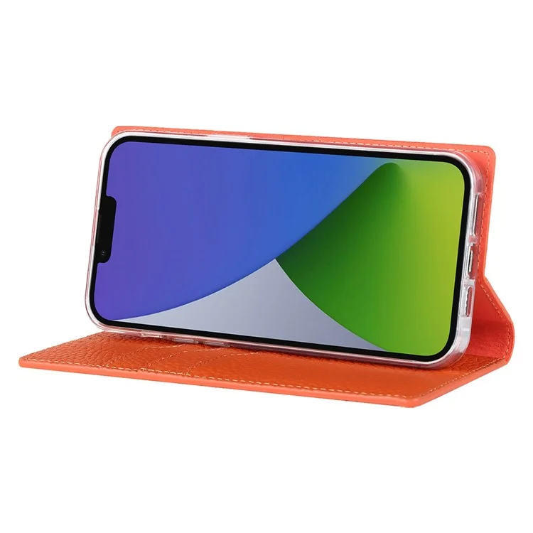 For iPhone 14 Plus Genuine Leather Magnetic Closure Phone Cover Litchi Texture Wallet Stand Case with Hand Strap - Orange