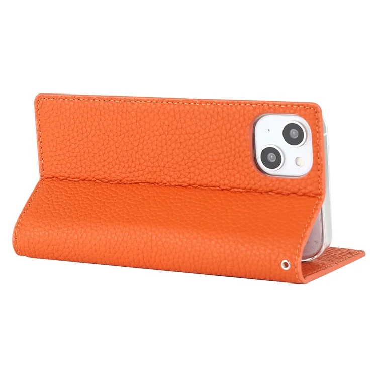 For iPhone 14 Plus Genuine Leather Magnetic Closure Phone Cover Litchi Texture Wallet Stand Case with Hand Strap - Orange