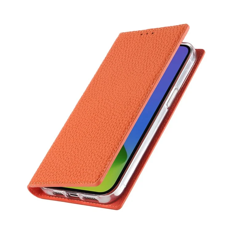 For iPhone 14 Plus Genuine Leather Magnetic Closure Phone Cover Litchi Texture Wallet Stand Case with Hand Strap - Orange