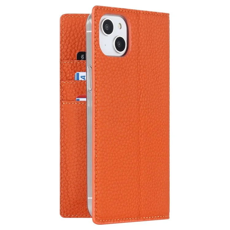 For iPhone 14 Plus Genuine Leather Magnetic Closure Phone Cover Litchi Texture Wallet Stand Case with Hand Strap - Orange
