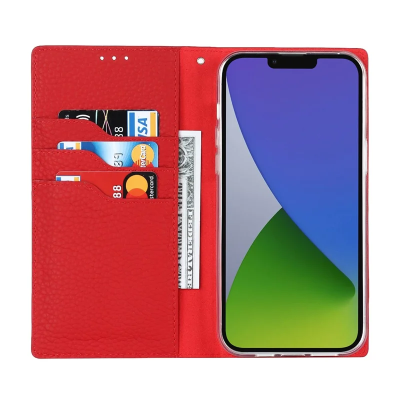 For iPhone 14 Plus Genuine Leather Magnetic Closure Phone Cover Litchi Texture Wallet Stand Case with Hand Strap - Black