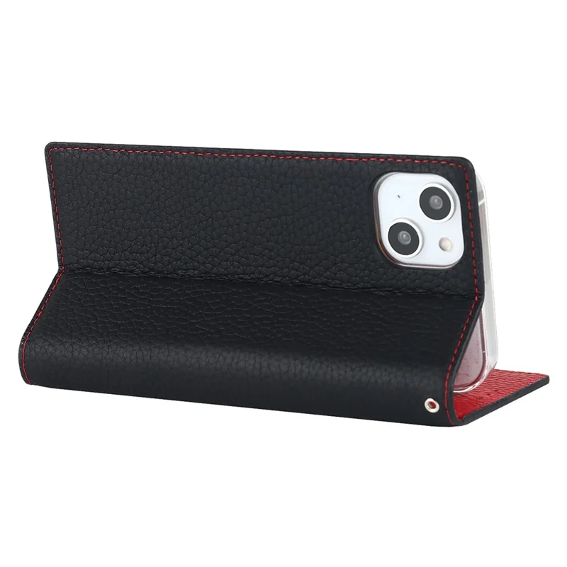 For iPhone 14 Plus Genuine Leather Magnetic Closure Phone Cover Litchi Texture Wallet Stand Case with Hand Strap - Black