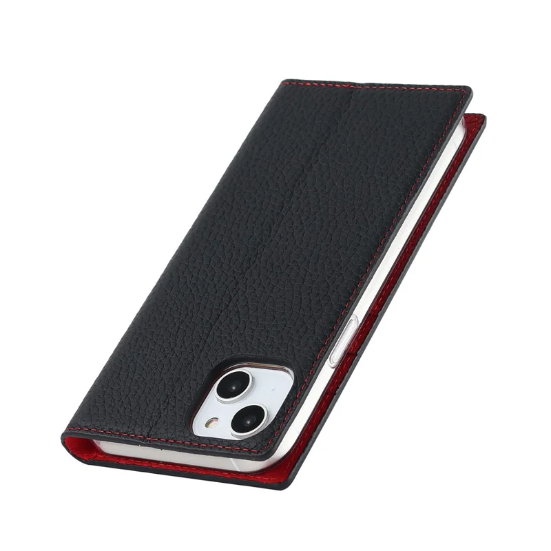 For iPhone 14 Plus Genuine Leather Magnetic Closure Phone Cover Litchi Texture Wallet Stand Case with Hand Strap - Black