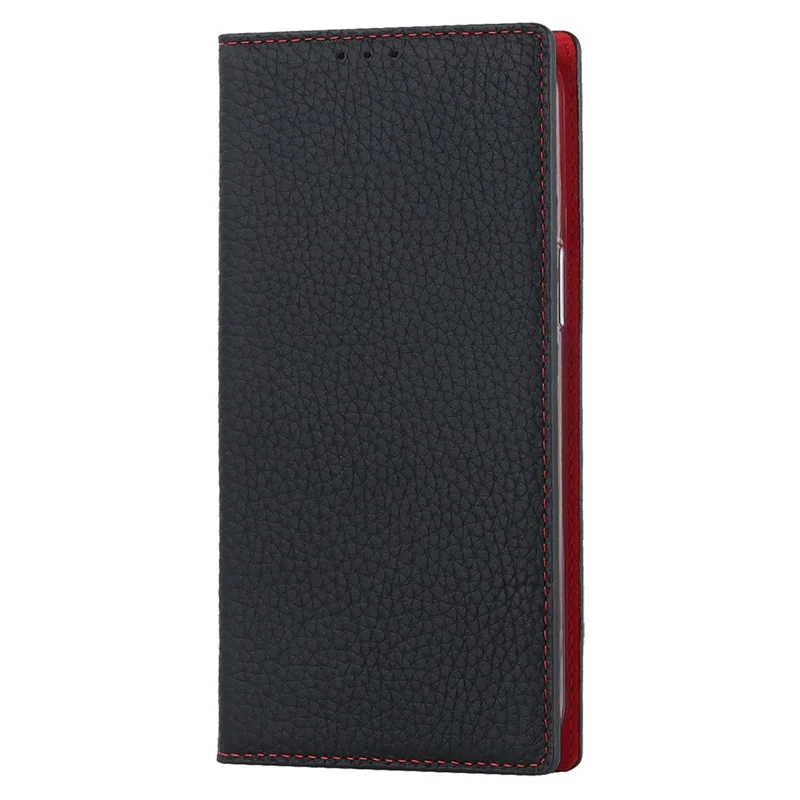 For iPhone 14 Plus Genuine Leather Magnetic Closure Phone Cover Litchi Texture Wallet Stand Case with Hand Strap - Black