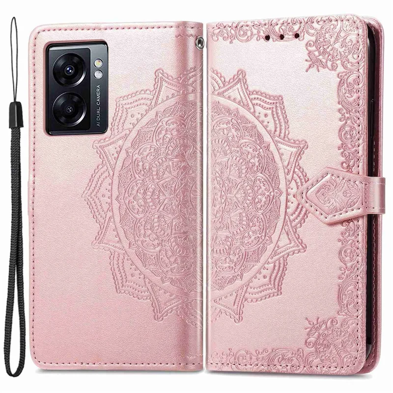Für Oppo A57 4g / A57 (2022) 5G / A77 4g / A77 5G / Realme Narzo 50 5G Geprägtes Mandala Muster Brieftasche PU Lederständer Mit Magnetflip -abdeckung Mit Handgelenkriemen - Roségold