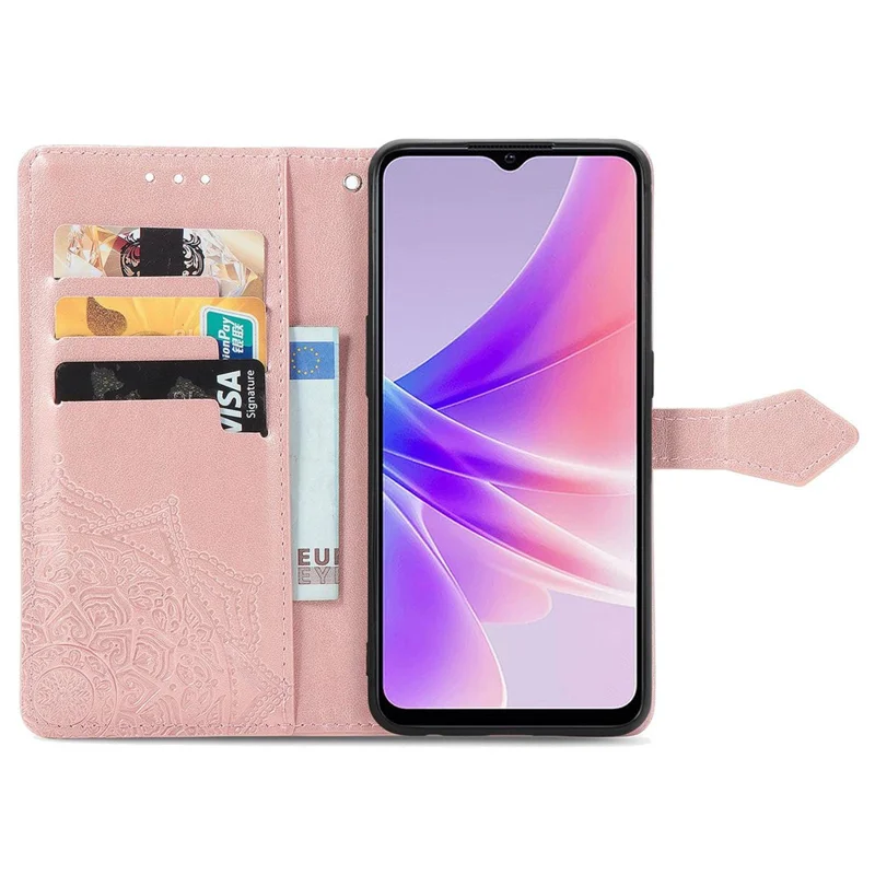 Für Oppo A57 4g / A57 (2022) 5G / A77 4g / A77 5G / Realme Narzo 50 5G Geprägtes Mandala Muster Brieftasche PU Lederständer Mit Magnetflip -abdeckung Mit Handgelenkriemen - Roségold
