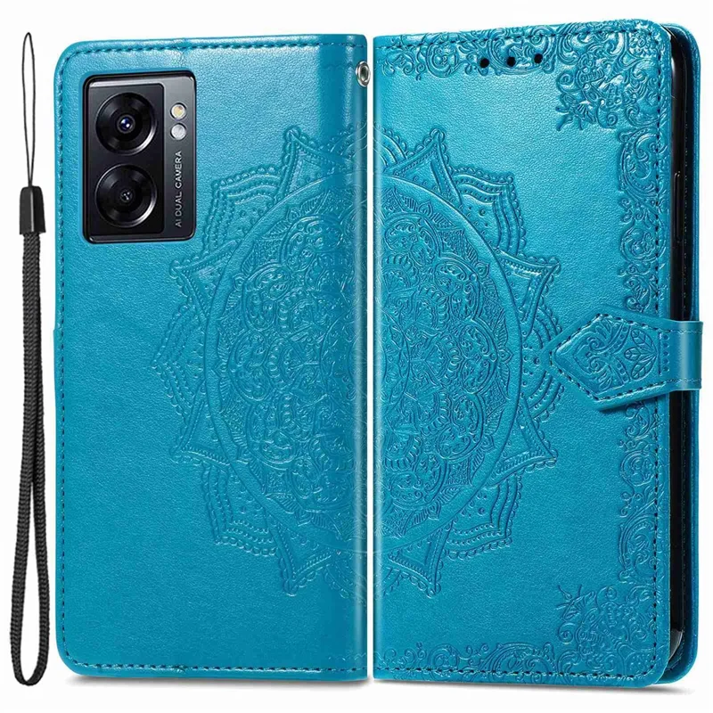 Per Oppo A57 4G / A57 (2022) 5G / A77 4G / A77 5G / Realme Narzo 50 5G Case Del Portafoglio di Motivi Mandala in Rilievo PU Stand Peth Coperchio Magnetic - Blu