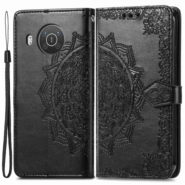 Для Nokia X10 5G / X20 5G PU Leather Flip Phone Case Mandala Pattern Embossed Magnetic Closure Stand Folio Wallet Cover with Strap - Black