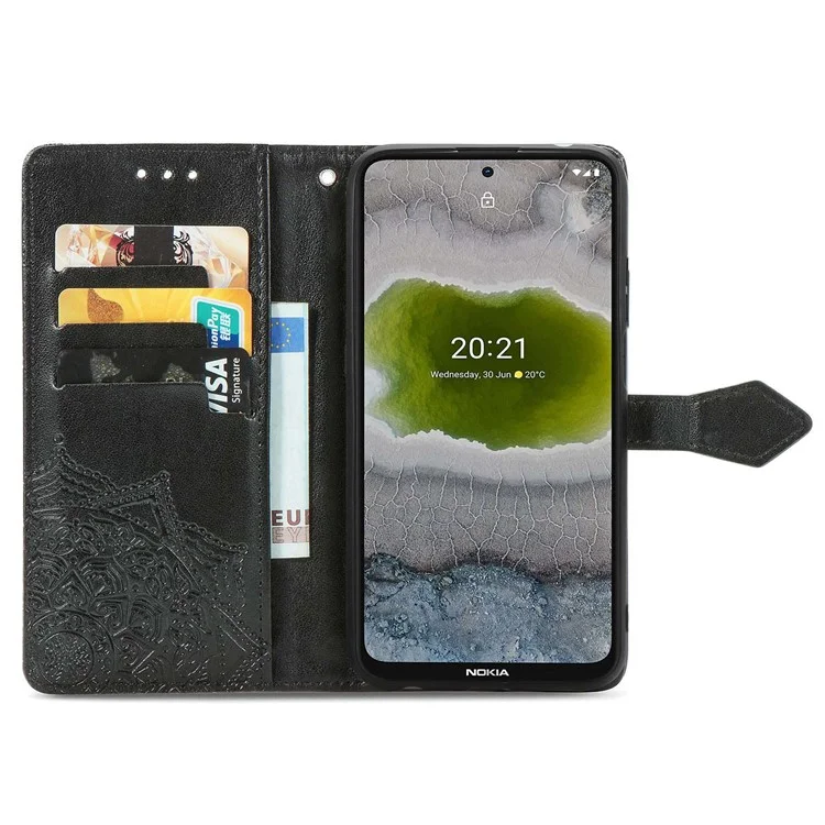Для Nokia X10 5G / X20 5G PU Leather Flip Phone Case Mandala Pattern Embossed Magnetic Closure Stand Folio Wallet Cover with Strap - Black