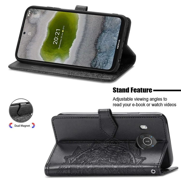 Для Nokia X10 5G / X20 5G PU Leather Flip Phone Case Mandala Pattern Embossed Magnetic Closure Stand Folio Wallet Cover with Strap - Black