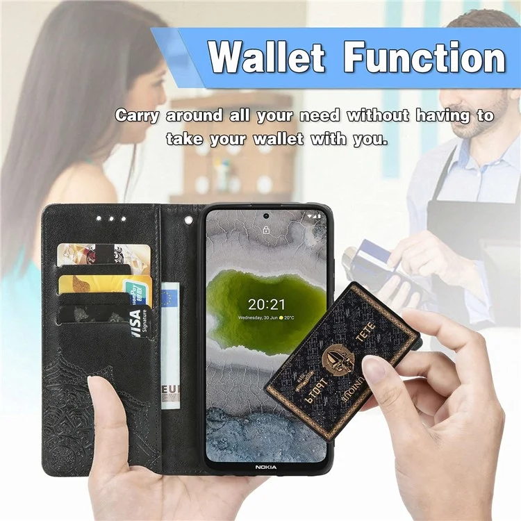 Для Nokia X10 5G / X20 5G PU Leather Flip Phone Case Mandala Pattern Embossed Magnetic Closure Stand Folio Wallet Cover with Strap - Black