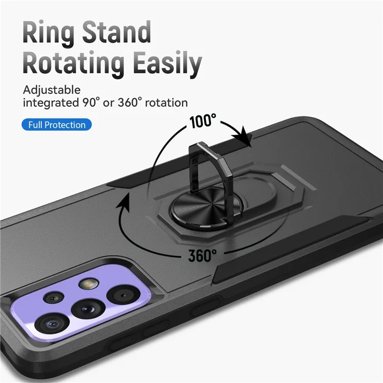 For Samsung Galaxy A33 5G PC + TPU Phone Protective Case Rotating Ring Kickstand Anti-drop Back Cover Support Magnetic Car Mount - Black / Black