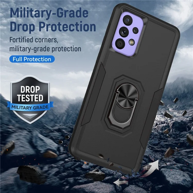 For Samsung Galaxy A33 5G PC + TPU Phone Protective Case Rotating Ring Kickstand Anti-drop Back Cover Support Magnetic Car Mount - Black / Black