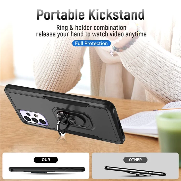 For Samsung Galaxy A33 5G PC + TPU Phone Protective Case Rotating Ring Kickstand Anti-drop Back Cover Support Magnetic Car Mount - Black / Black