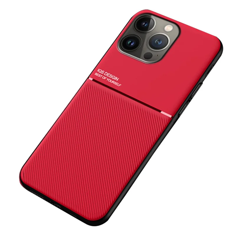 Cell Phone Case for iPhone 14 Pro 6.1 inch Lines Imprinted Anti-wear Anti-shock PU Leather TPU Shell with Built-in Metal Sheet - Red