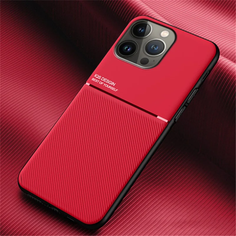 Cell Phone Case for iPhone 14 Pro 6.1 inch Lines Imprinted Anti-wear Anti-shock PU Leather TPU Shell with Built-in Metal Sheet - Red