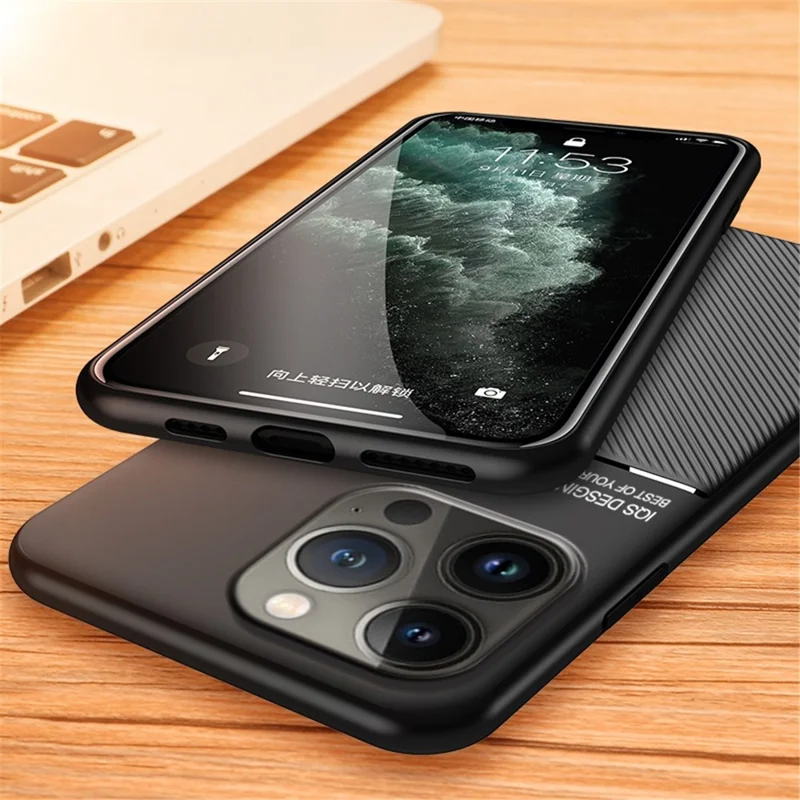 Cell Phone Case for iPhone 14 Pro 6.1 inch Lines Imprinted Anti-wear Anti-shock PU Leather TPU Shell with Built-in Metal Sheet - Red