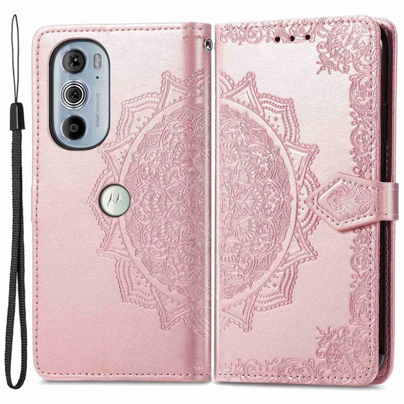 For Motorola Edge 30 Pro (Motorola Edge+ (2022)) Embossed Mandala Pattern Phone Leather Cover Wallet Stand Protective Case with Strap - Rose Gold